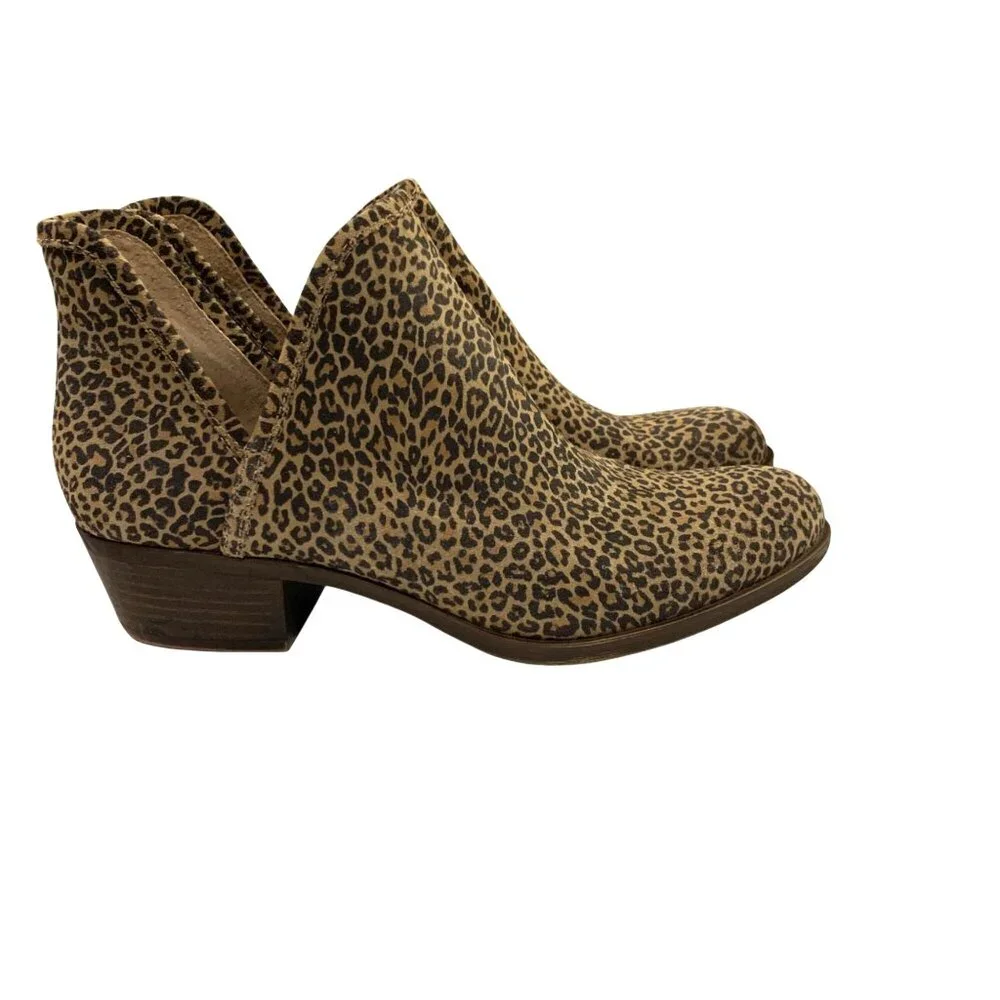 Lucky Brand Women's Leopard Block Heel Ankle Booties 8.5 Western Mob Wife Baddie